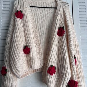 Cream Sweater with Red Rose Accents